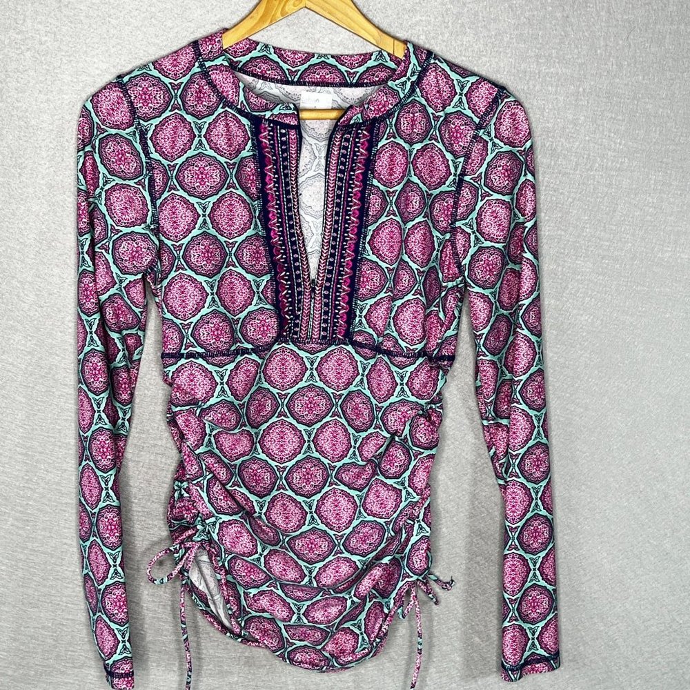 Cabana Life Swim Womens Medium Rash Guard Azalea Print Cover Up Zipper Ruched